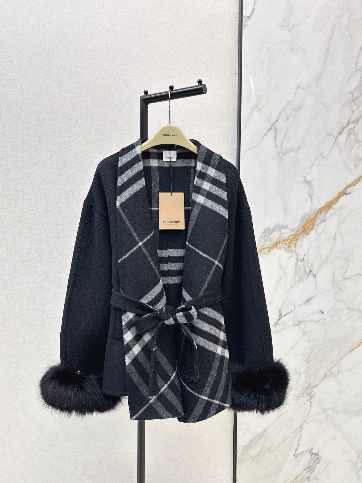 Check Panel Belted Wool Cardigan Coat