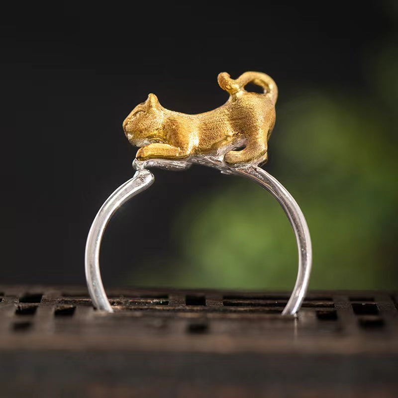 Original Design Gold Cat Silver Ring-Good Luck and Prosperity