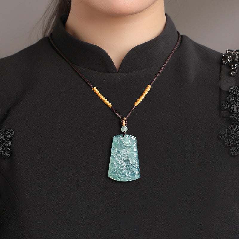 Blue Jadeite Landscape Pendant – Natural A-Grade Glutinous Variety Jade Carving-grade a jade