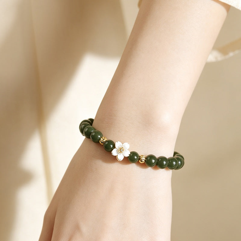 Nephrite Jade Bracelet with Mother-of-Pearl Flower-Grounded Elegance