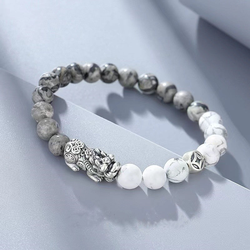 White Turquoise Beads Silver Pixiu Bracelet-Traditional Good Fortune Symbol