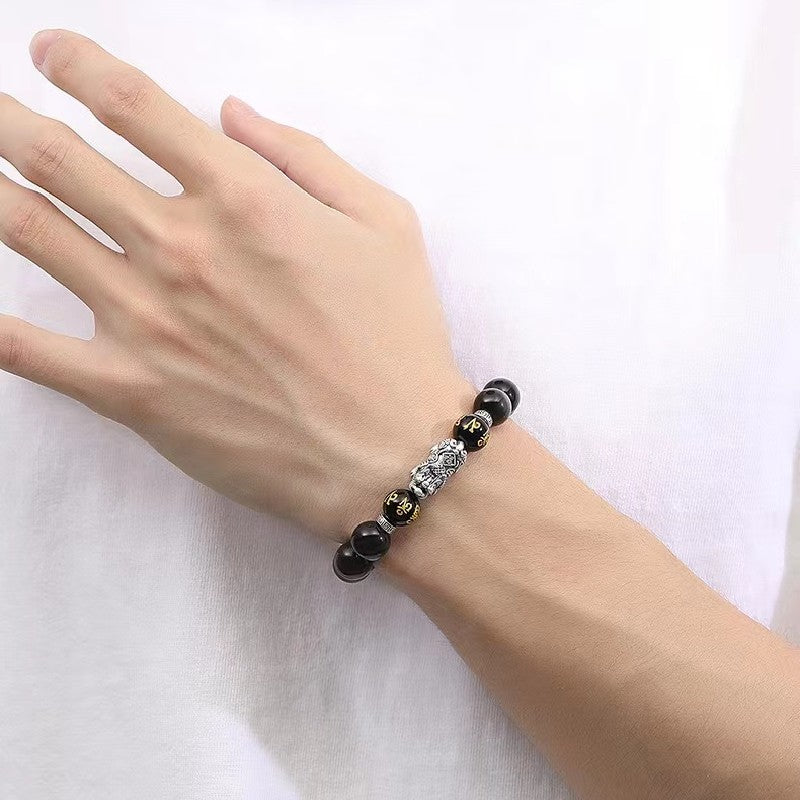 999 Silver Pixiu Black Obsidian Bracelet-Traditional Good Fortune Symbol