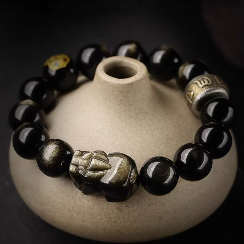 Obisidian Pixiu Six True Words Bracelet-Traditional Good Fortune Symbol