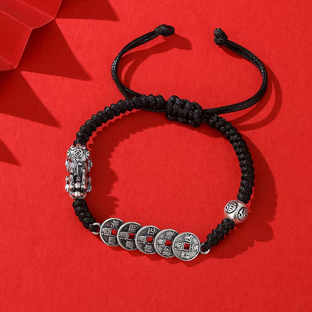 Fortune Lock ¨C Pixiu Five Emperor Coins Silver Cord Bracelet