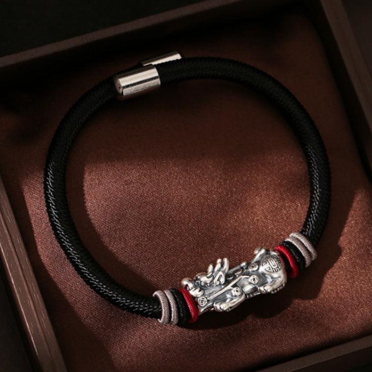 999 Silver Vintage Pixiu Braided Rope Bracelet