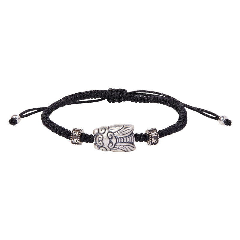 Sterling Silver Cicada Bracelet ¨C Handwoven Cord with Vintage Finish