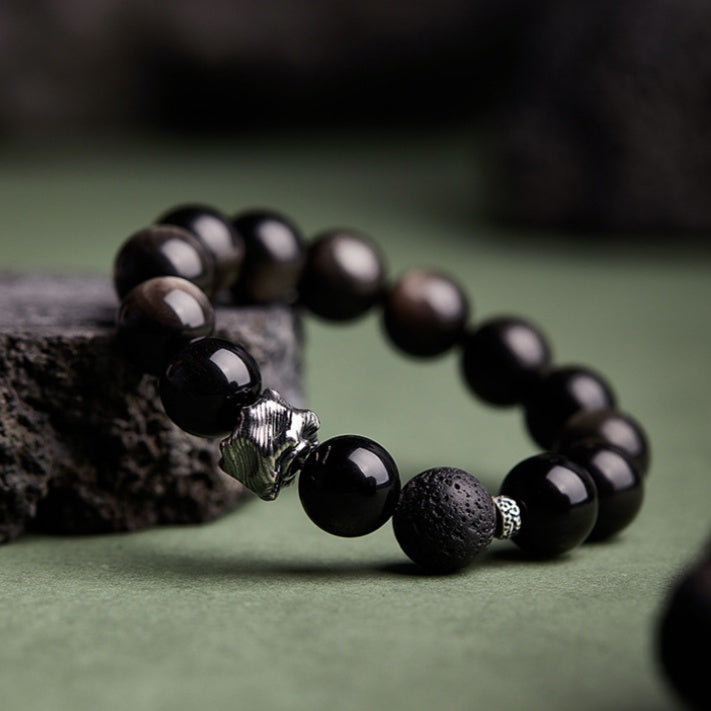 Resilient Core-Silver Obsidian & Lava Stone Beaded Bracelet