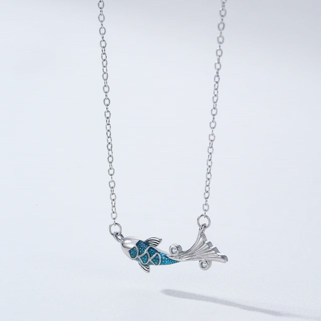Vintage Blue Koi Fish Silver Necklace-Good Fortune and Prosperity