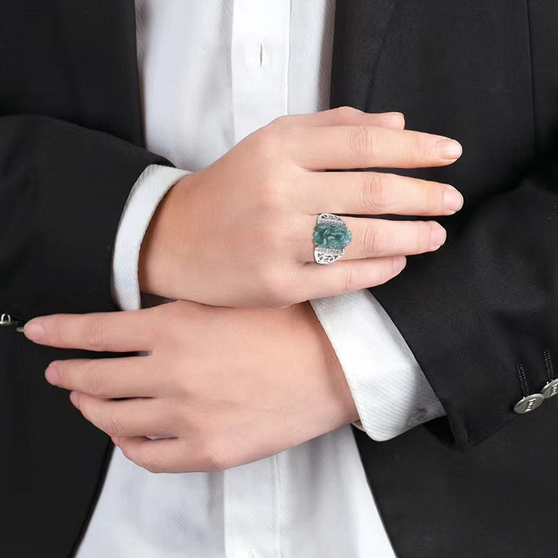 Pixiu Ice Jade Wealth Ring-925 Sterling Silver