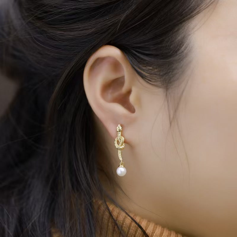 Gold Snake Pearl Bead Stud Earring-Transformation and Renewal