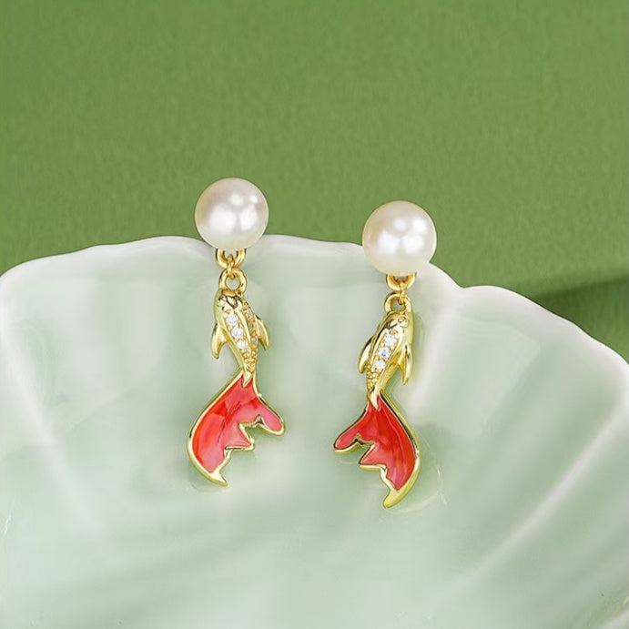 Pearl Koi Fish Drop Earrings ¨C Elegant Gold-Plated Studs with Enamel & Crystals