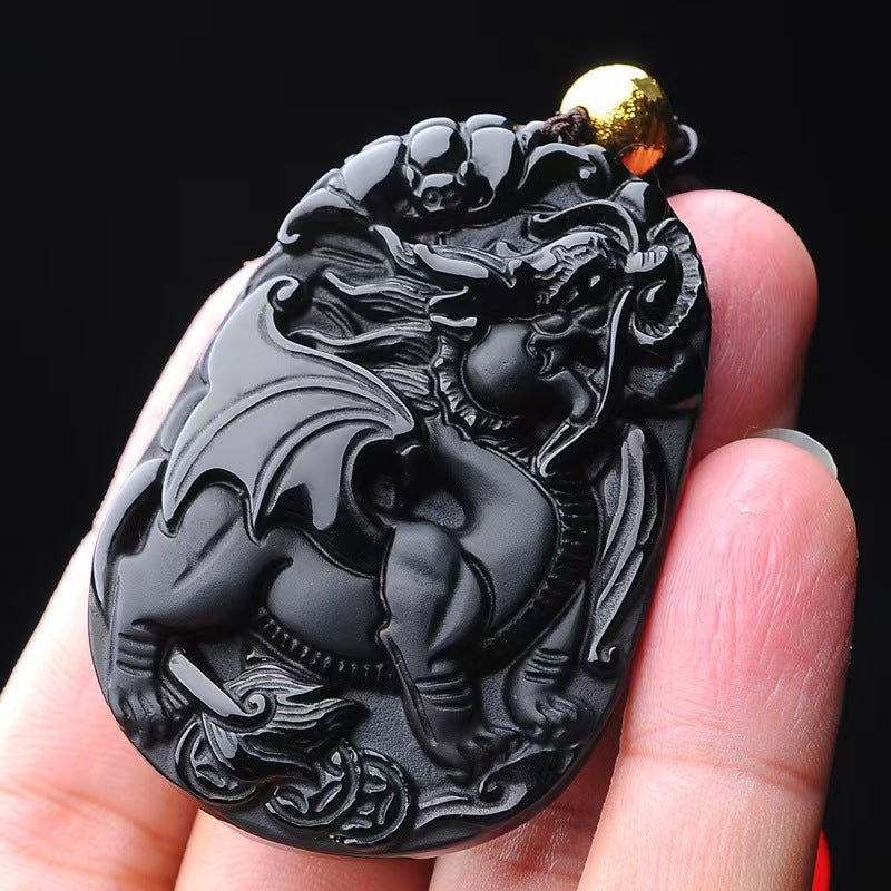 Black Obsidian Flying Pixiu Pendant ¨C Hand-Carved Guardian of Wealth & Power