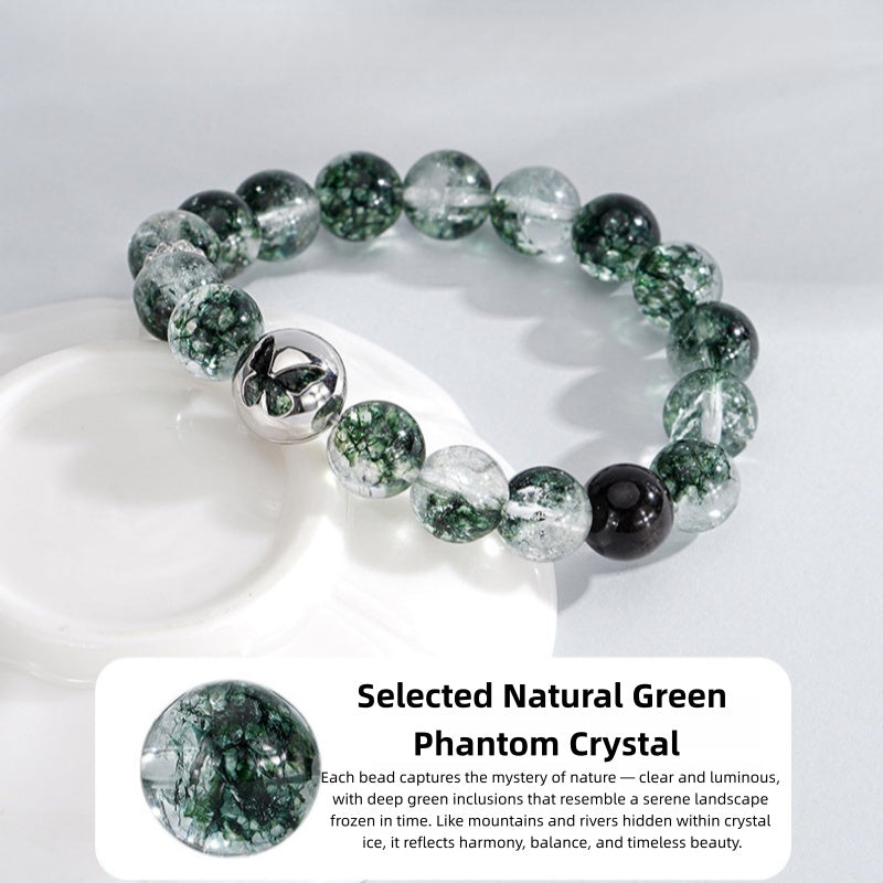 Green Phantom Quartz Bracelet with 925 Silver Butterfly ¨C Crystal of Clarity. Growth & Good Fortune