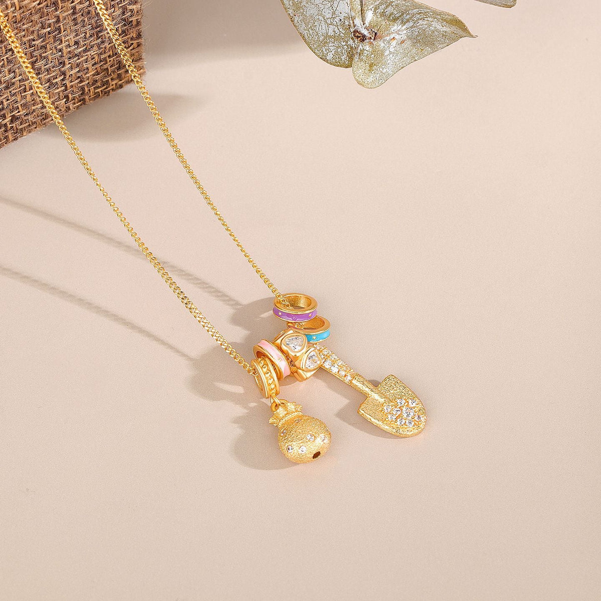Gold Shovel & Blessing Pouch Necklace ¨C Dig for Joy and Blessings