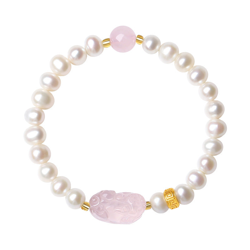 Rose Quartz Pixiu Bracelet with Pearls ¨C 925 Silver Fortune & Peace Charm