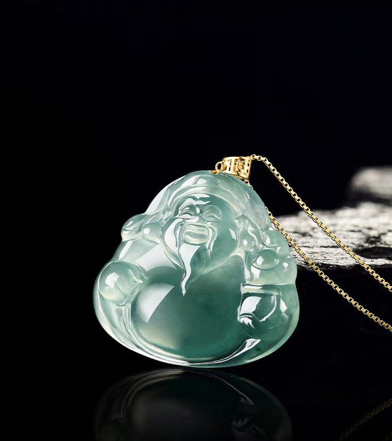 Blue Jadeite God of Wealth Pendant ¨C Natural Ice-Type Jade Necklace with 18K Gold Setting