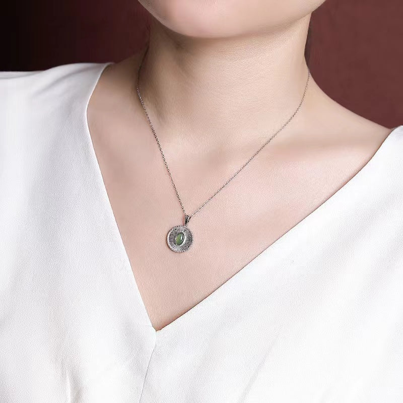 Vintage Green Jade  Silver Pendant Necklace-Inner Peace