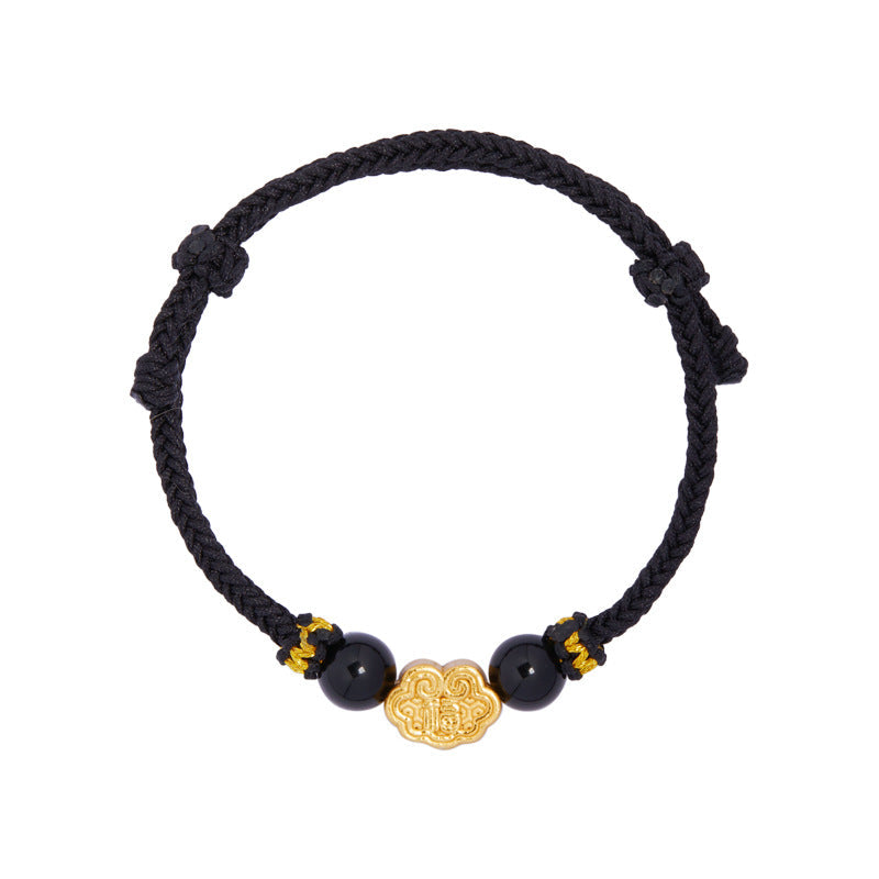 999 Sterling Silver & Obsidian Fortune Bracelet ¨C Handmade Lucky Ruyi Knot Design