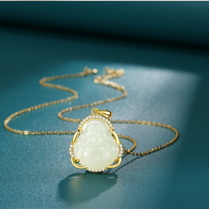 Laughing Buddha Nephrite Jade Gold-Plated S925 Silver Necklace-Joyful Contentment
