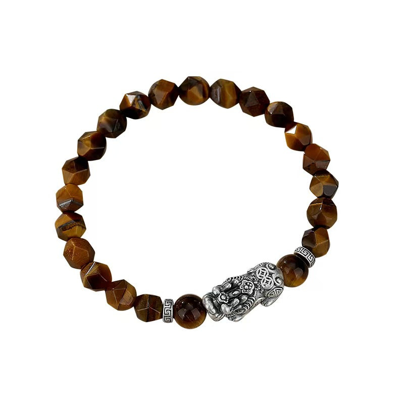 Tiger Eye Stone Silver Pixiu Bracelet-Traditional Prosperity Symbol
