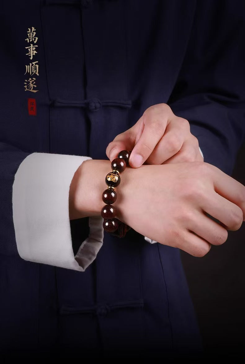 Red Sandalwood & Gold Obsidian Pixiu Bracelet-Prosperity Symbol