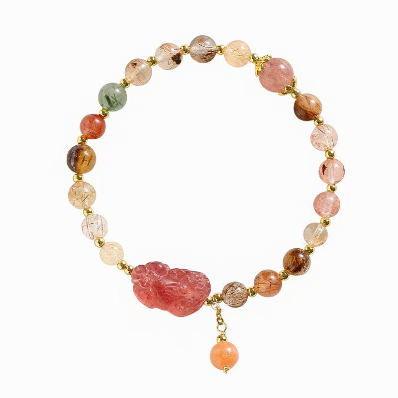 Strawberry Quartz Pixiu Rutilated Quartz Bracelet-Traditional Good Fortune Symbol