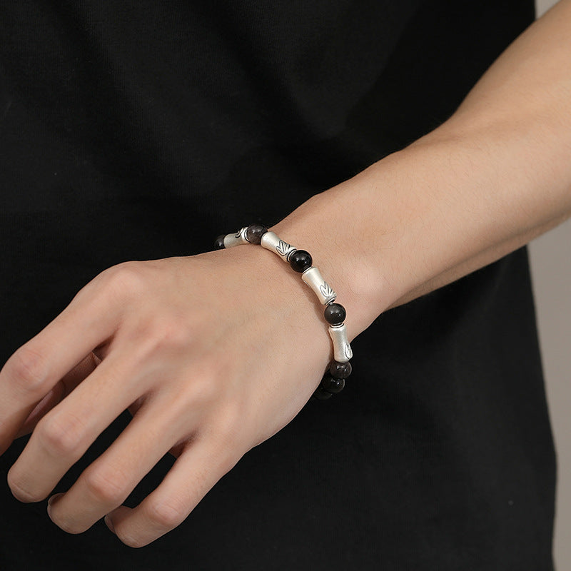 999 Sterling Silver Bamboo Bracelet ¨C Black Obsidian Men's Bracelet for Success & Steady Growth