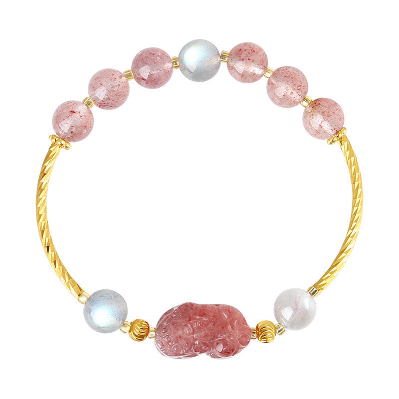 Strawberry Quartz Pixiu & Moonstone Bracelet¨CFortune. Love & Emotional Harmony