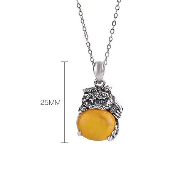 Pixiu Yellow Agate Silver Necklace-Balance and Prosperity