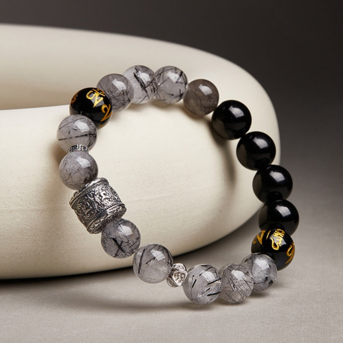 Six-Word Mantra Black Agate & Quartz Beaded Bracelet-Inner Calm