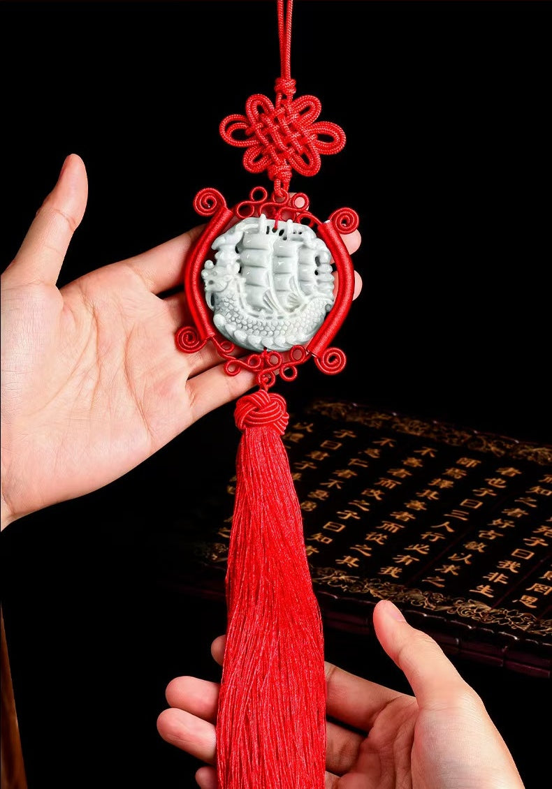 Jade Dragon Boat Car Hanging Ornament â€?Safe Journey & Success Charm with Red Tassel