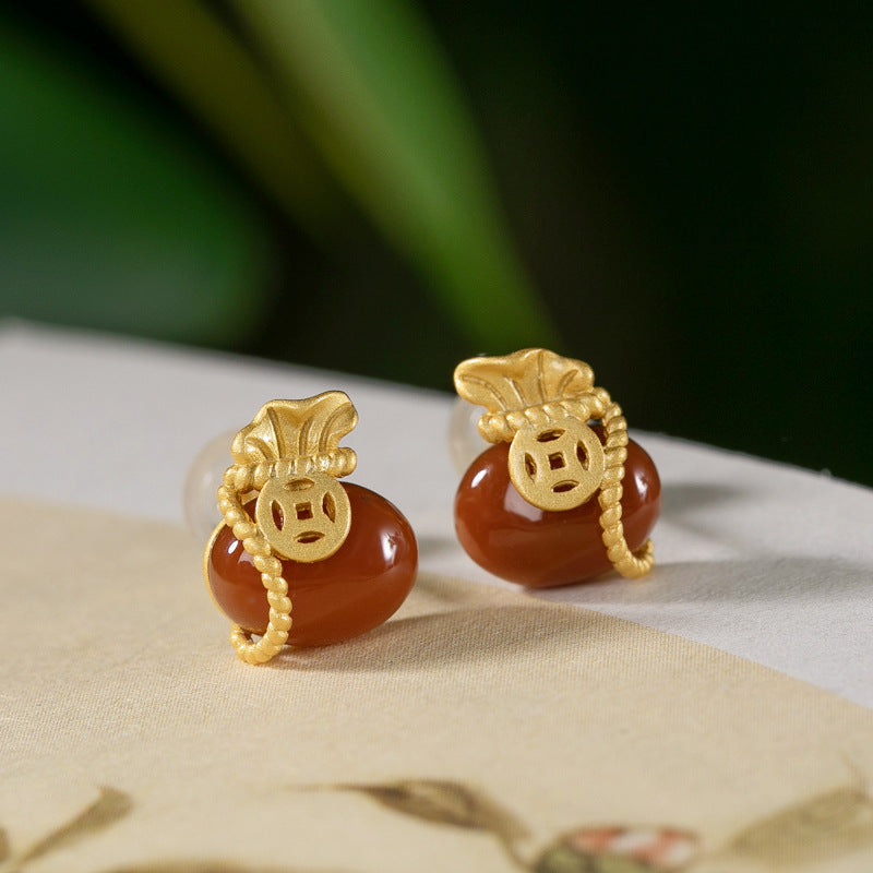 Red Agate Fortune Bag Earrings ¨C 18K Gold-Plated Sterling Silver Studs
