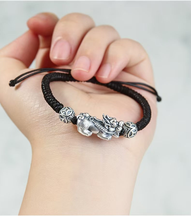 Silver Pixiu Vintage Coin Bead Bracelet-Traditional Good Fortune Symbol