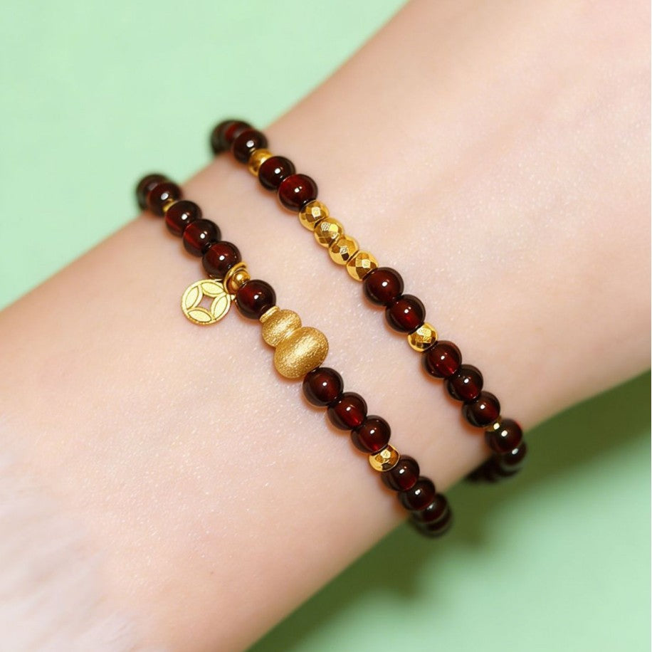 Fortune Blessing Garnet Double Wrap Bracelet-18K Gold-Plated Hulu Gourd Charm