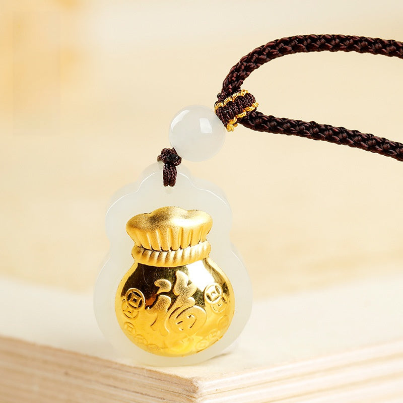 Fortune Held Close-Nephrite Jade Fortune Pouch Pendant Necklace