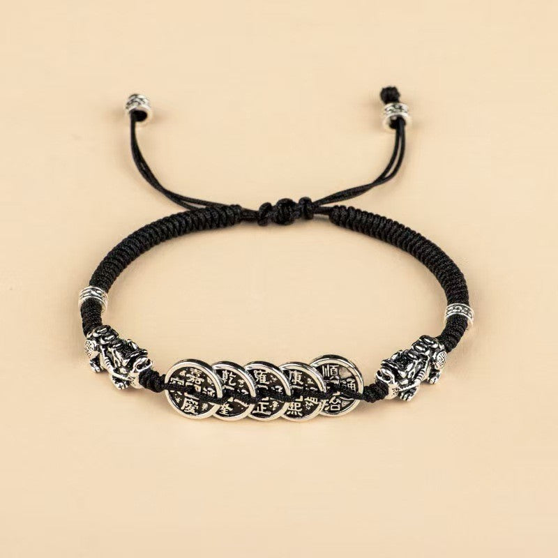Five Emperors Coins Double Pixiu Red String Bracelet-Traditional Good Fortune Symbol