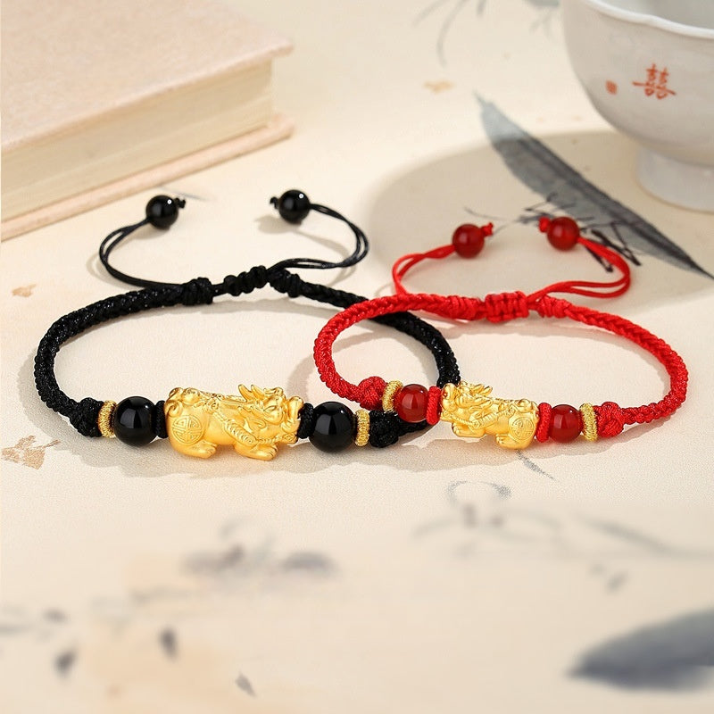 Golden Pixiu Couple String Bracelets ¨C Lucky & Protection Red and Black String Set