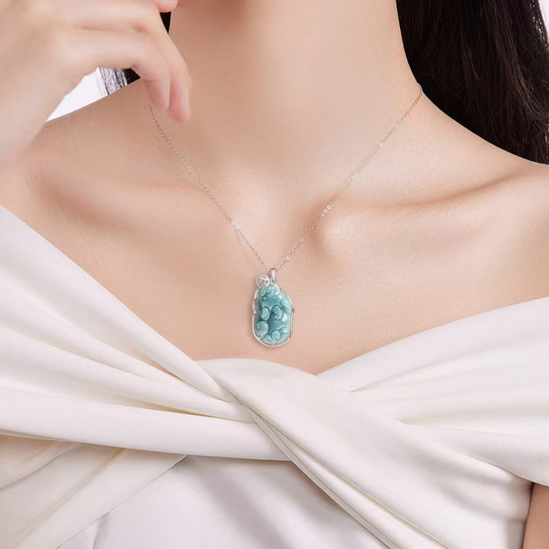 Serene Pixiu Ice Jade Pendant-925 Sterling Silver Necklace for Protection. Wealth & Steady Growth