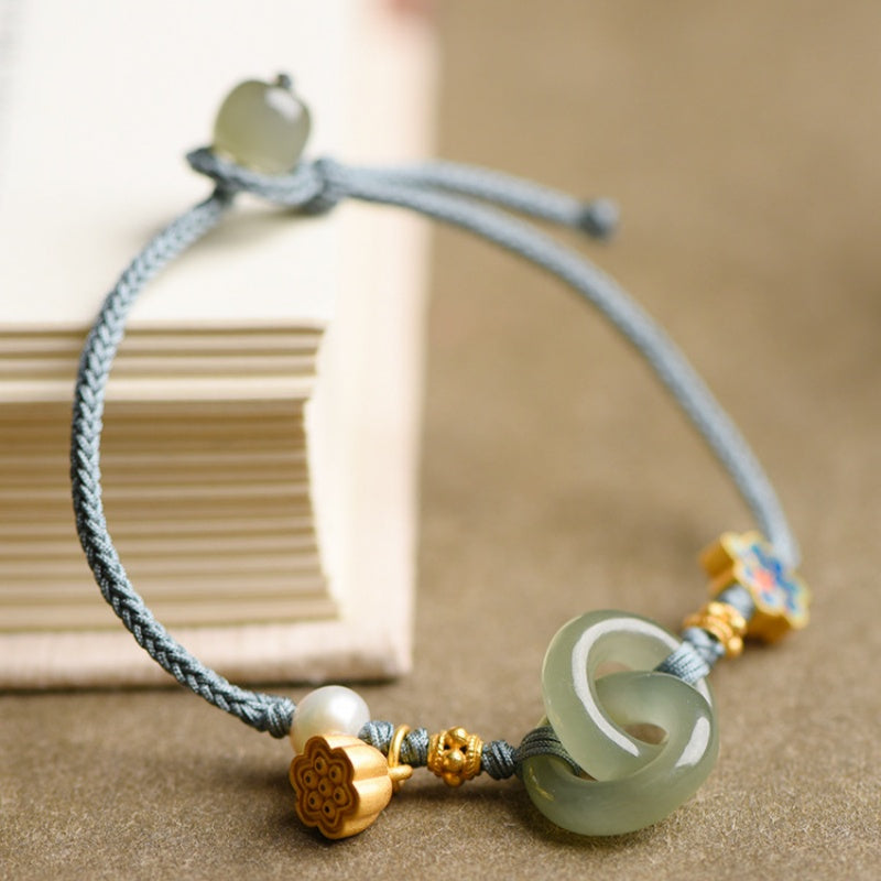 Interlocking Jade & Enamel Lotus Bracelet-Endless Love & Harmony Charm