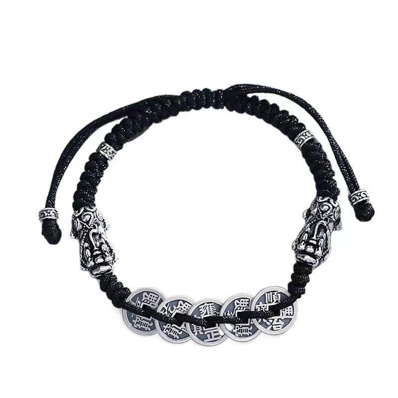 Five Emperors Coins Double Pixiu Handmade Rope Bracelet-Traditional Good Fortune Symbol