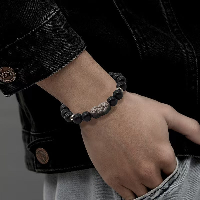 Silver Obisidian Pixiu Six True Words Bracelet-Traditional Good Fortune Symbol