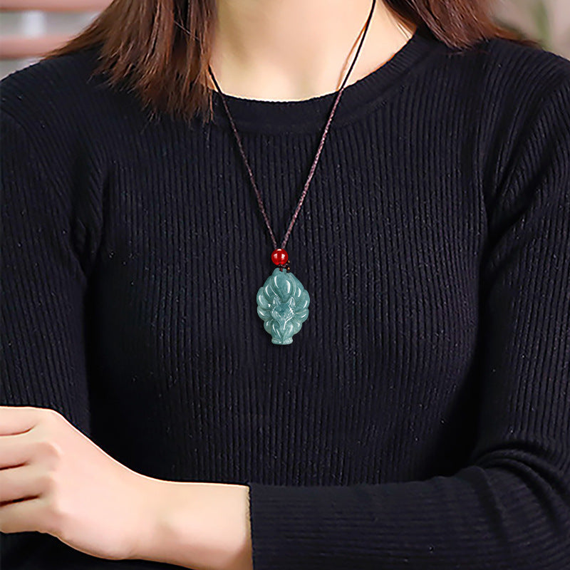 Blessing Longevity Nine-Tailed Fox Jade Pendant Necklace