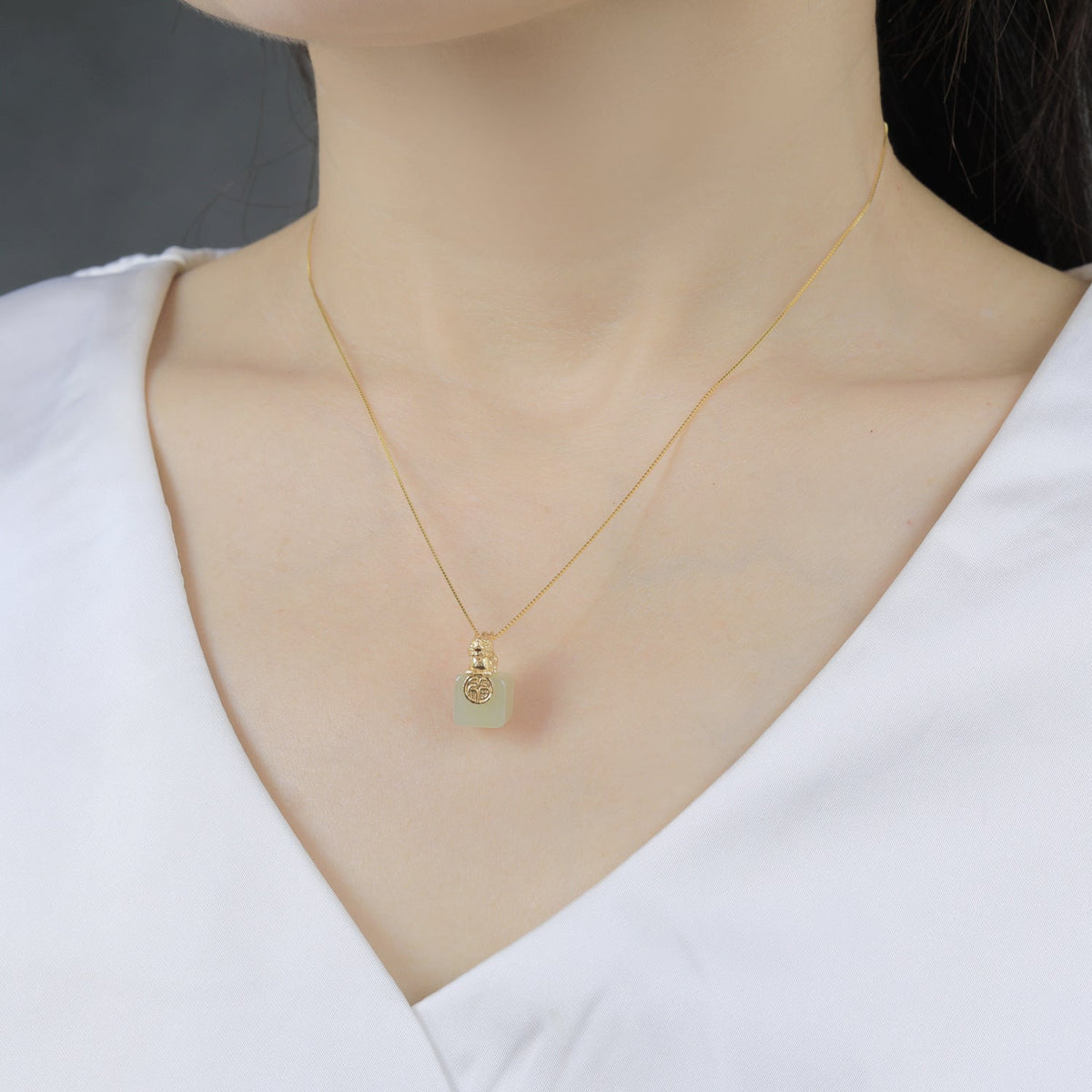 Gold-Plated Pixiu White Nephrite Jade Pendant Necklace-Grounded Opportunity