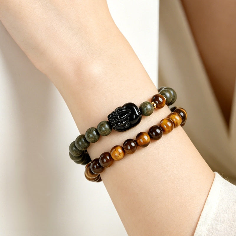 Tiger's Eye Pixiu Double-Wrap Bracelet with Green Sandalwood