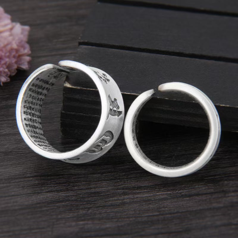 Heart Sutra Handmade Carved Six True Words Silver Couple Ring-Compassion and Enlightenment