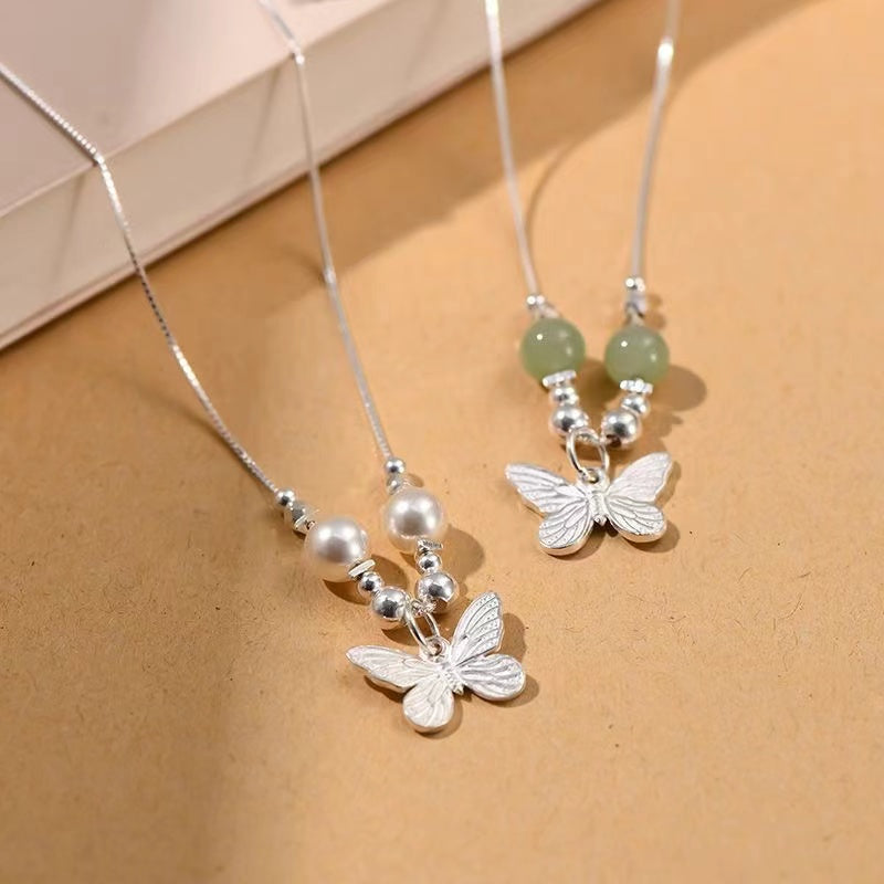 Butterfly Jade Beads Silver Necklace-Transformation and Prosperity