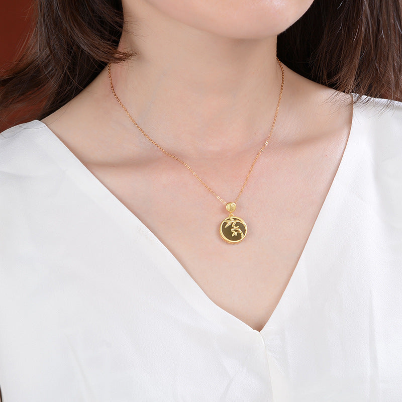Natural Hetian Jade 925 Silver Bamboo Pendant Necklace