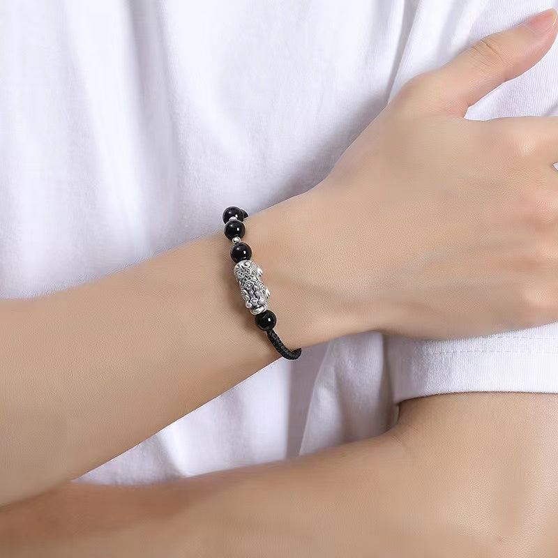 Black Obsidian 999 Silver Pixiu Bracelet-Traditional Good Fortune Symbol