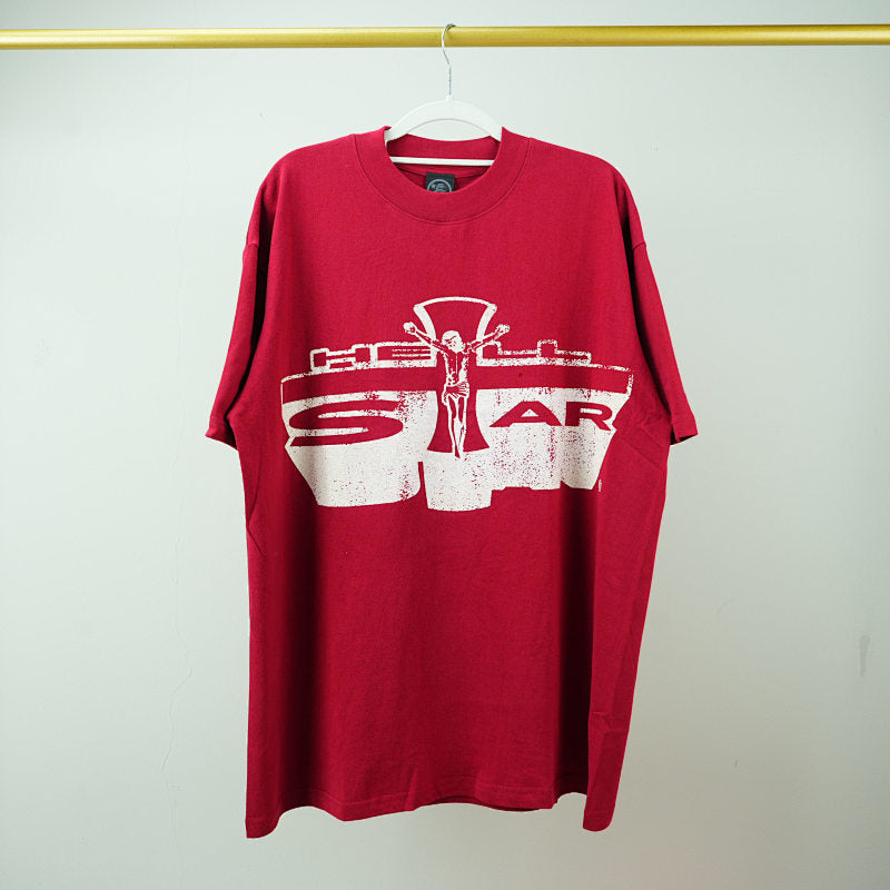 Hellstar Studios Jesus Emblem Short Sleeve Tee Shirt Blood Red