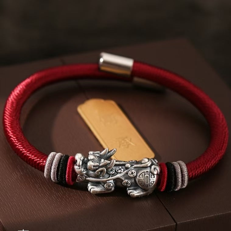 999 Silver Pixiu Handmade Rope Bracelet-Attract Luck